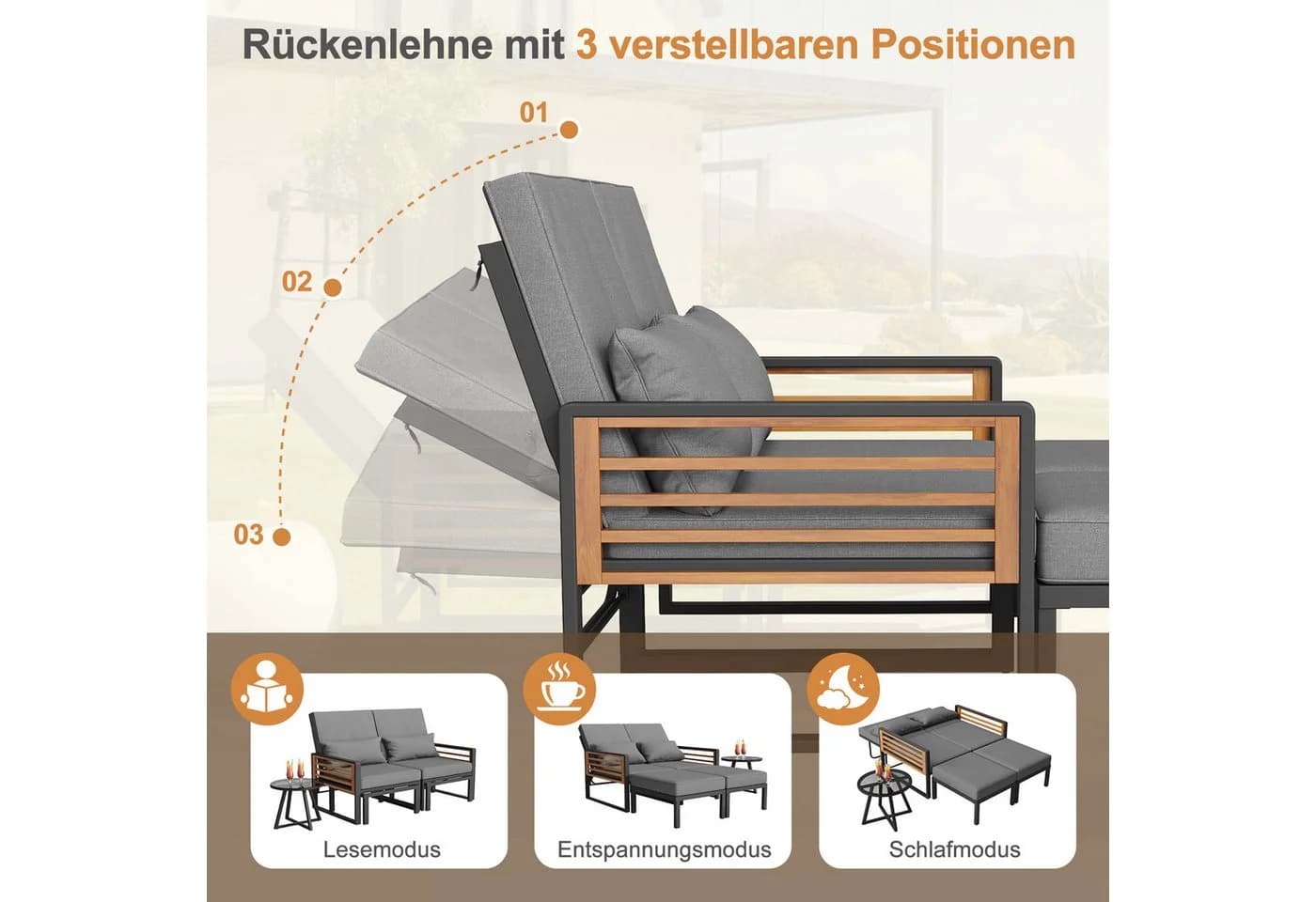 i@home Gartenlounge-Set Modulares Sofa-Bett mit verstellbarer Rückenlehne & Glastisch - Bild 3