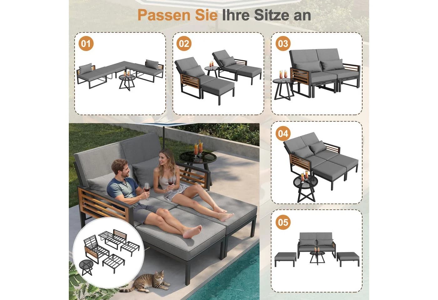 i@home Gartenlounge-Set Modulares Sofa-Bett mit verstellbarer Rückenlehne & Glastisch - Bild 4