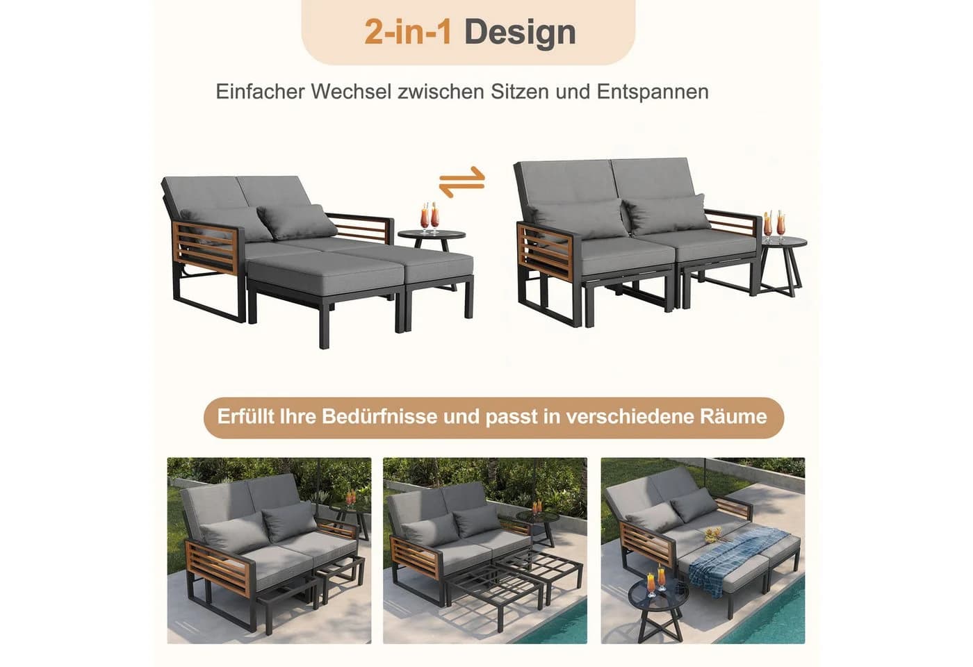 i@home Gartenlounge-Set Modulares Sofa-Bett mit verstellbarer Rückenlehne & Glastisch - Bild 5