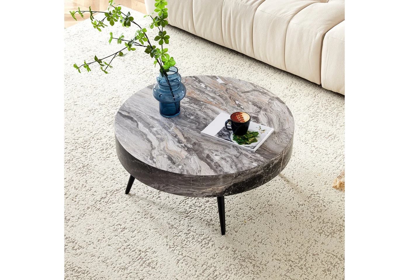 i@home Couchtisch Runder Kaffeetisch 70 cm Holzoptik Schwarz Metallbeine