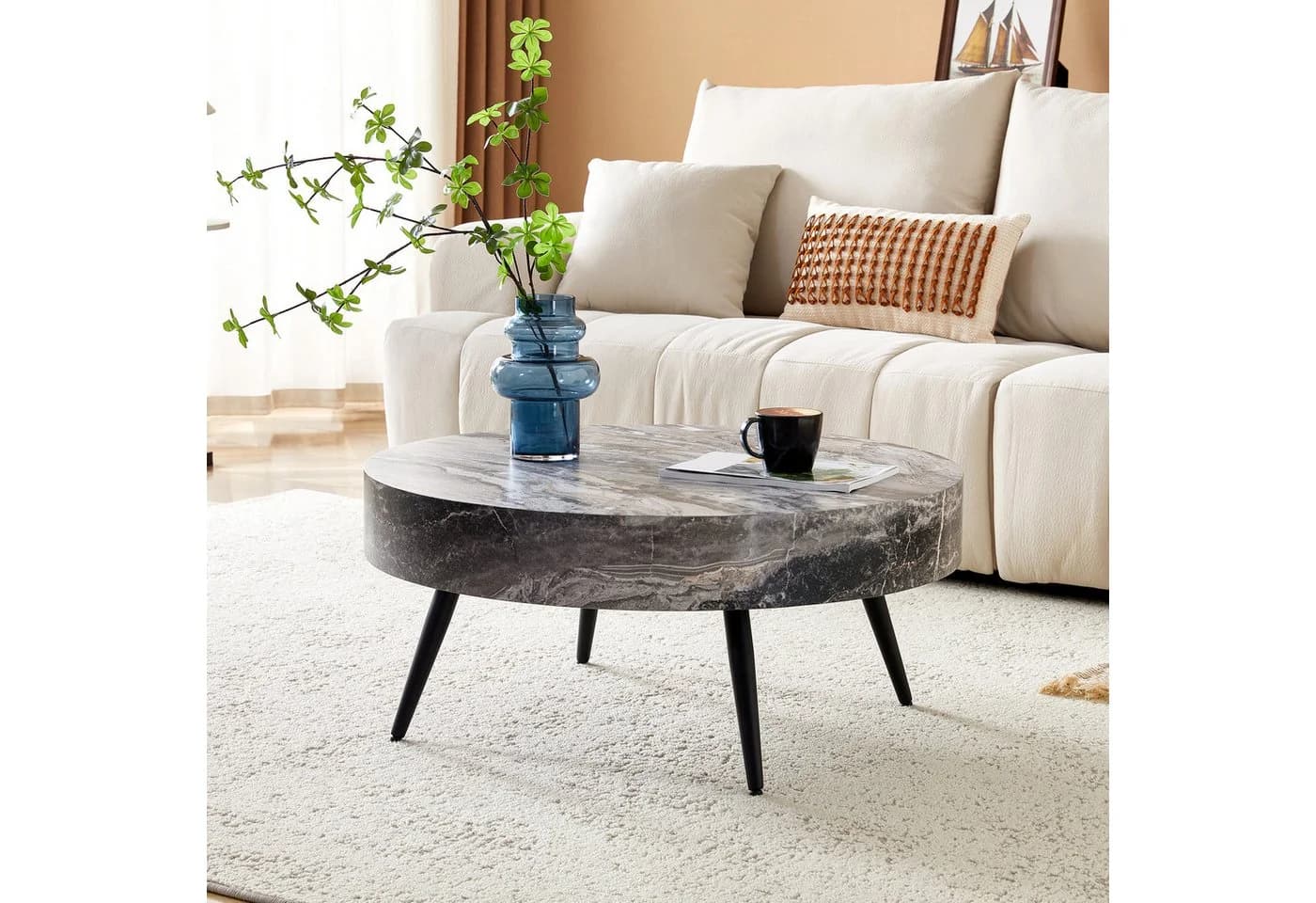 i@home Couchtisch Runder Kaffeetisch 70 cm Holzoptik Schwarz Metallbeine - Bild 2