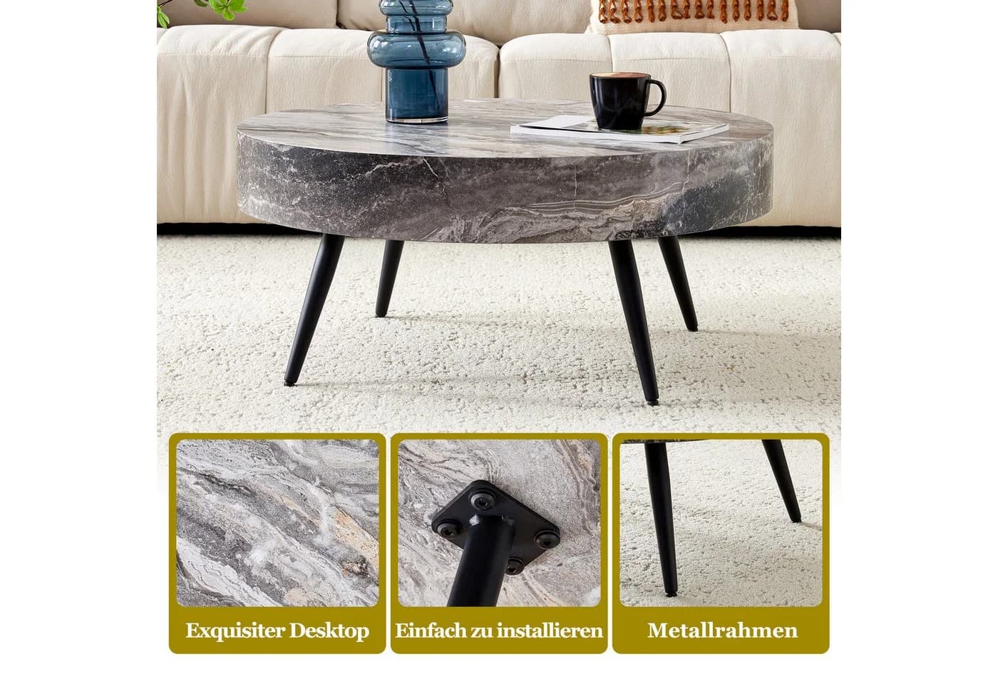 i@home Couchtisch Runder Kaffeetisch 70 cm Holzoptik Schwarz Metallbeine - Bild 4