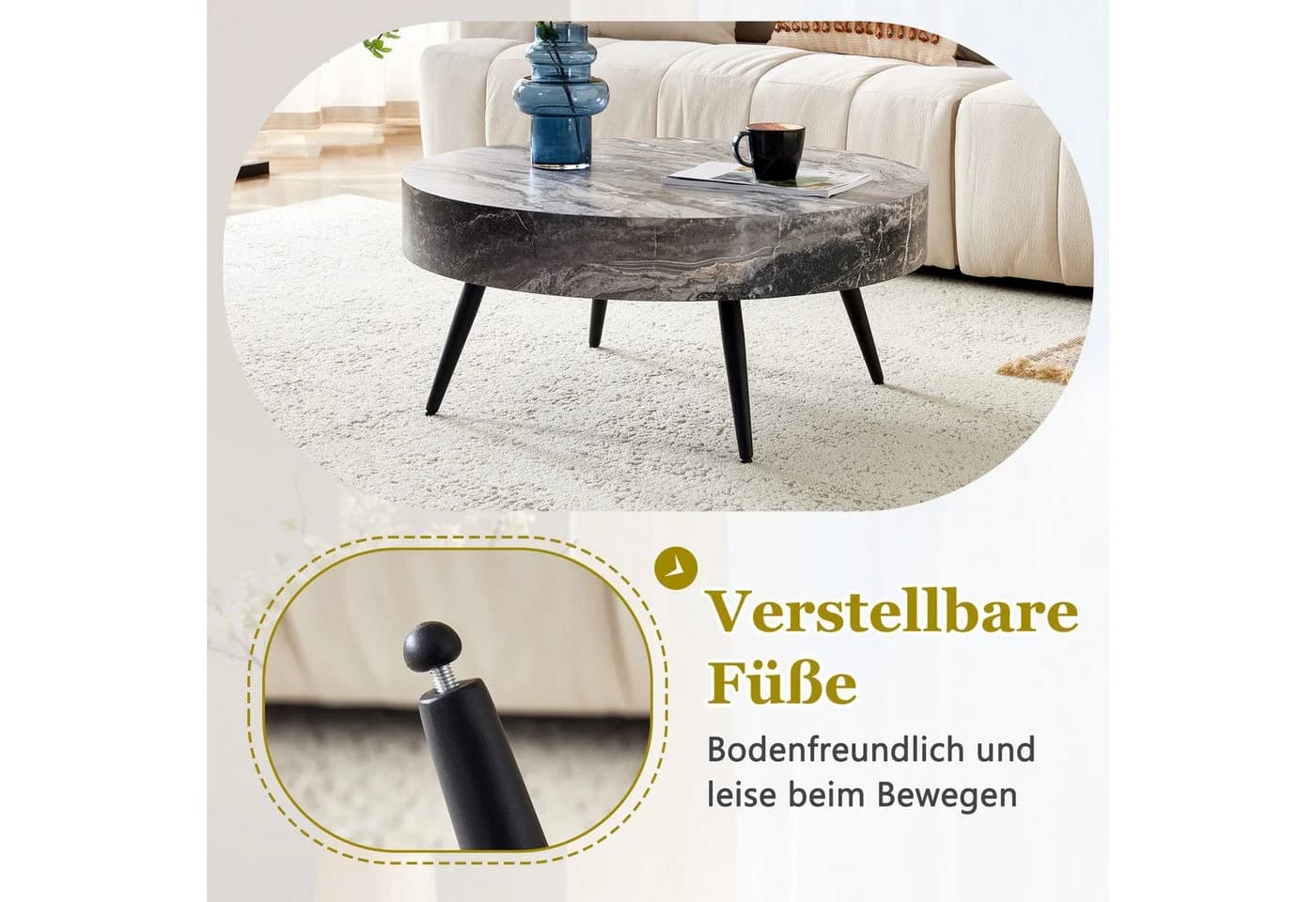 i@home Couchtisch Runder Kaffeetisch 70 cm Holzoptik Schwarz Metallbeine - Bild 5