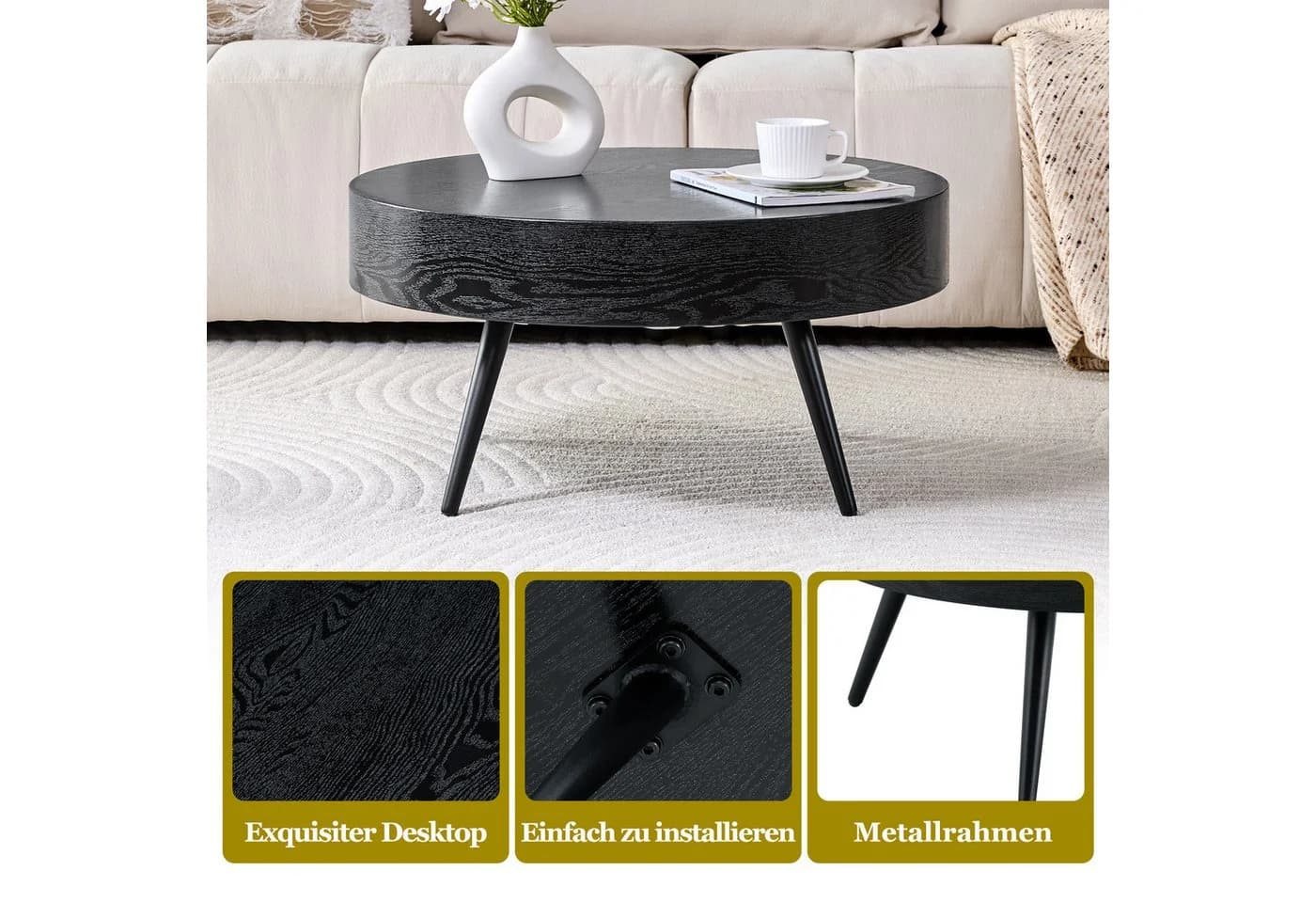 i@home Runder Couchtisch 70cm Holzoptik Schwarz Metallbeine - Bild 4