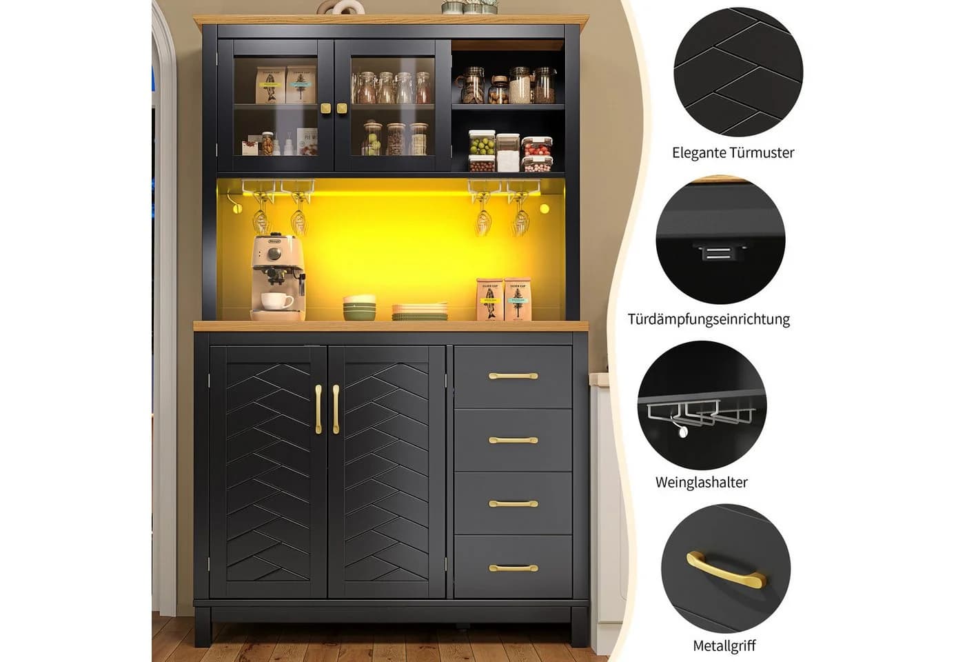 i@home Hochschrank Landhausstil 4 Türen LED Schwarz - Bild 3