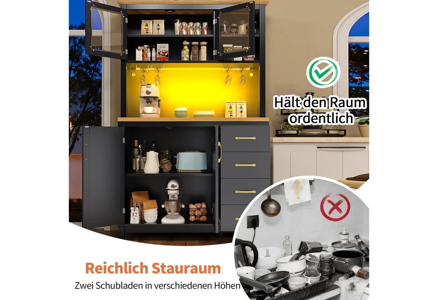 i@home Hochschrank Landhausstil 4 Türen LED Schwarz - Bild 5