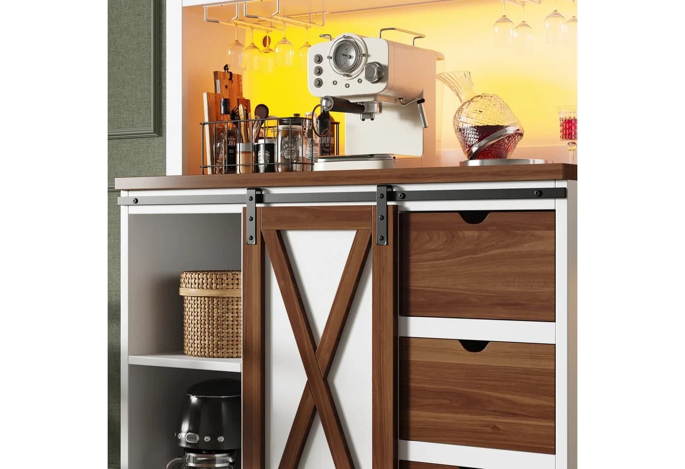 i@home Hochschrank Küchenschrank mit LED Beleuchtung und Schiebetür Weiß