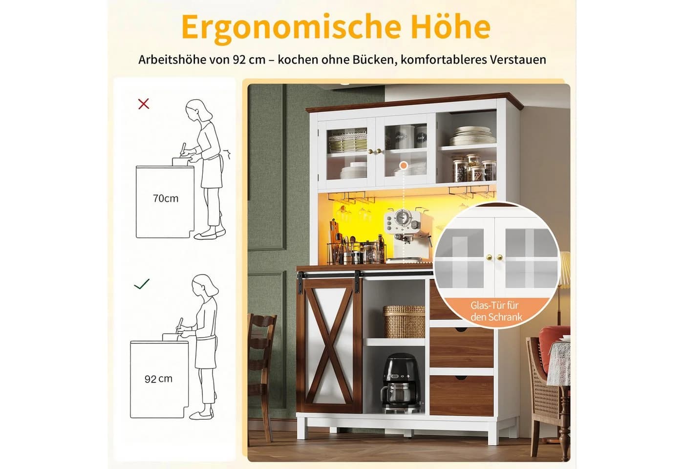 i@home Hochschrank Küchenschrank mit LED Beleuchtung und Schiebetür Weiß - Bild 3