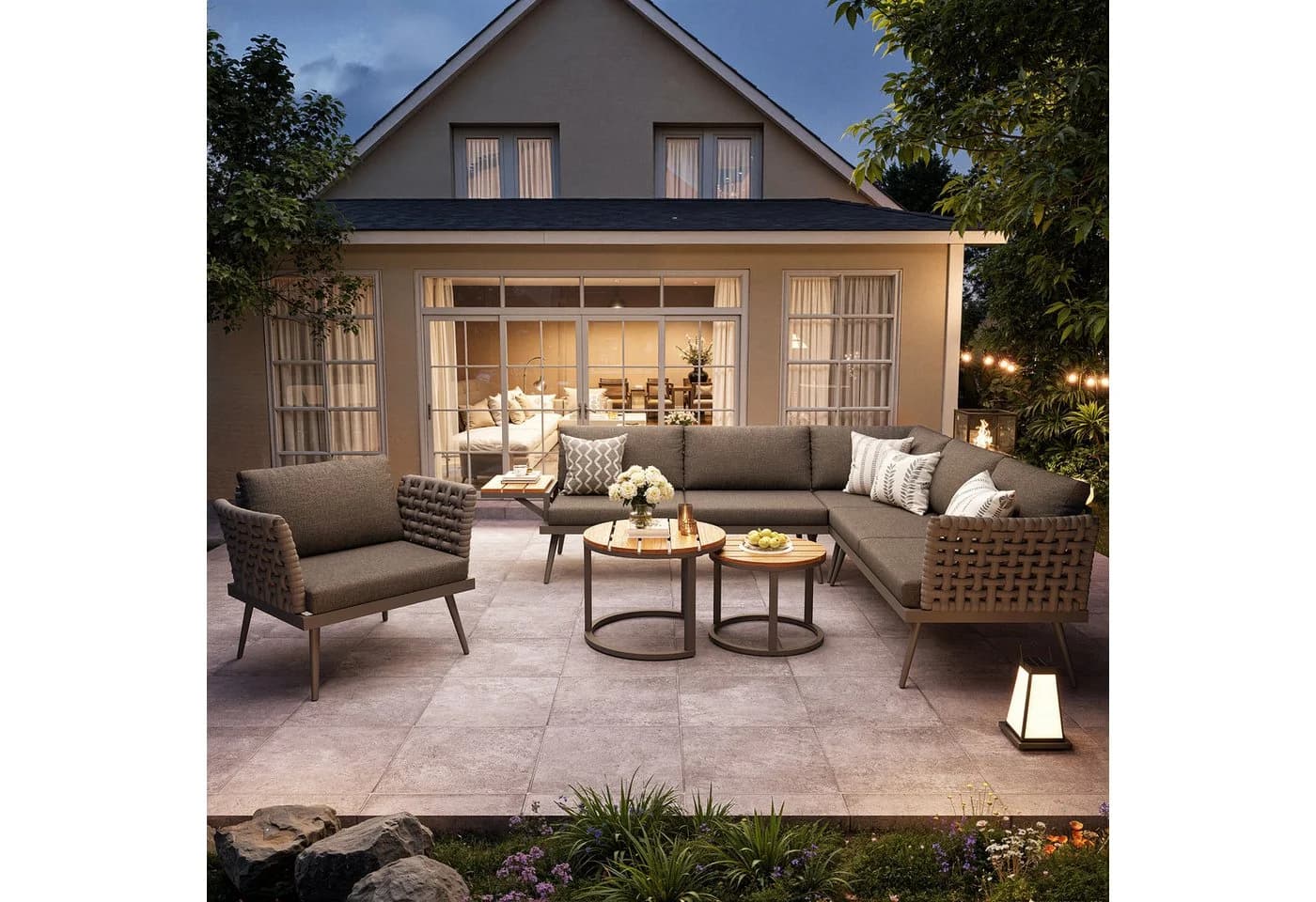 i@home Gartenlounge-Set 4-tlg. Sechssitzer mit handgeflochtenen Armlehnen