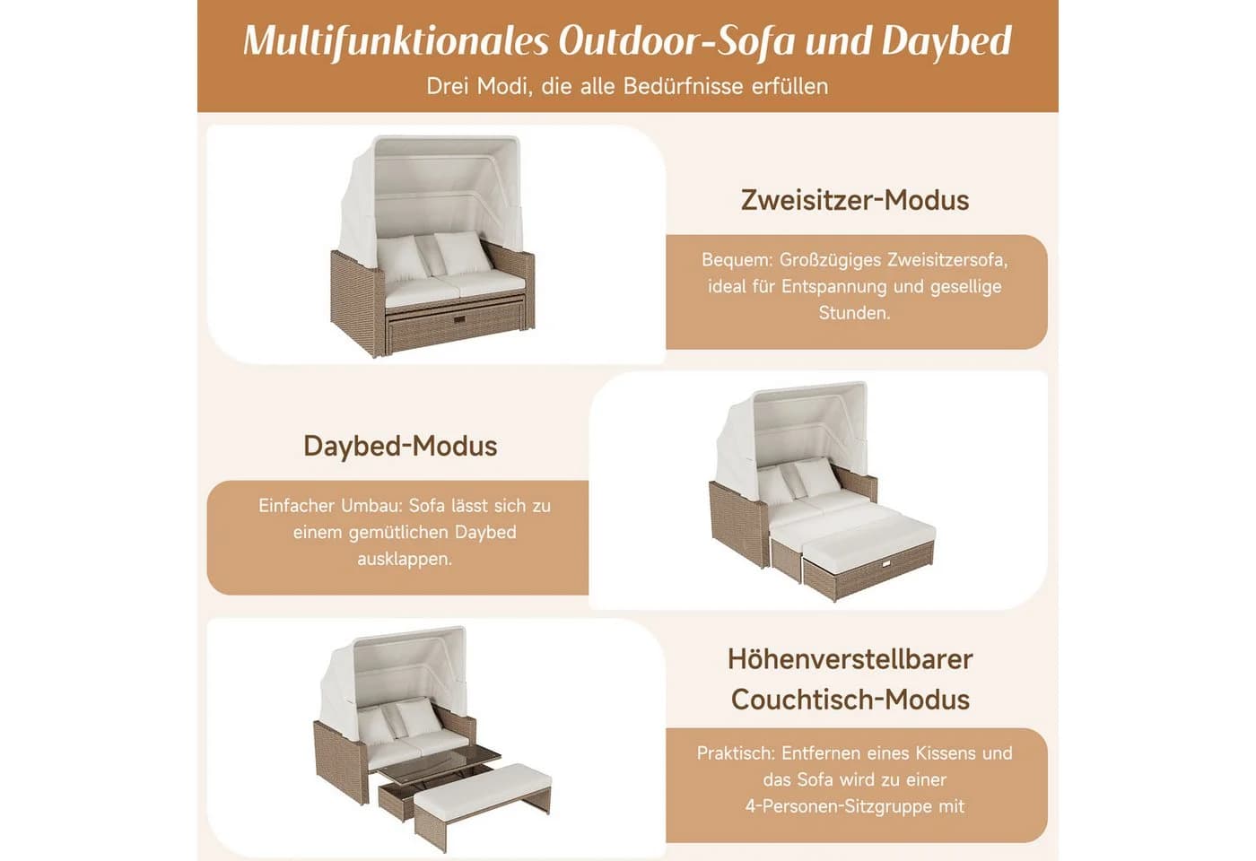 i@home Gartenlounge-Set 3-tlg. Beige mit Markise und Tisch