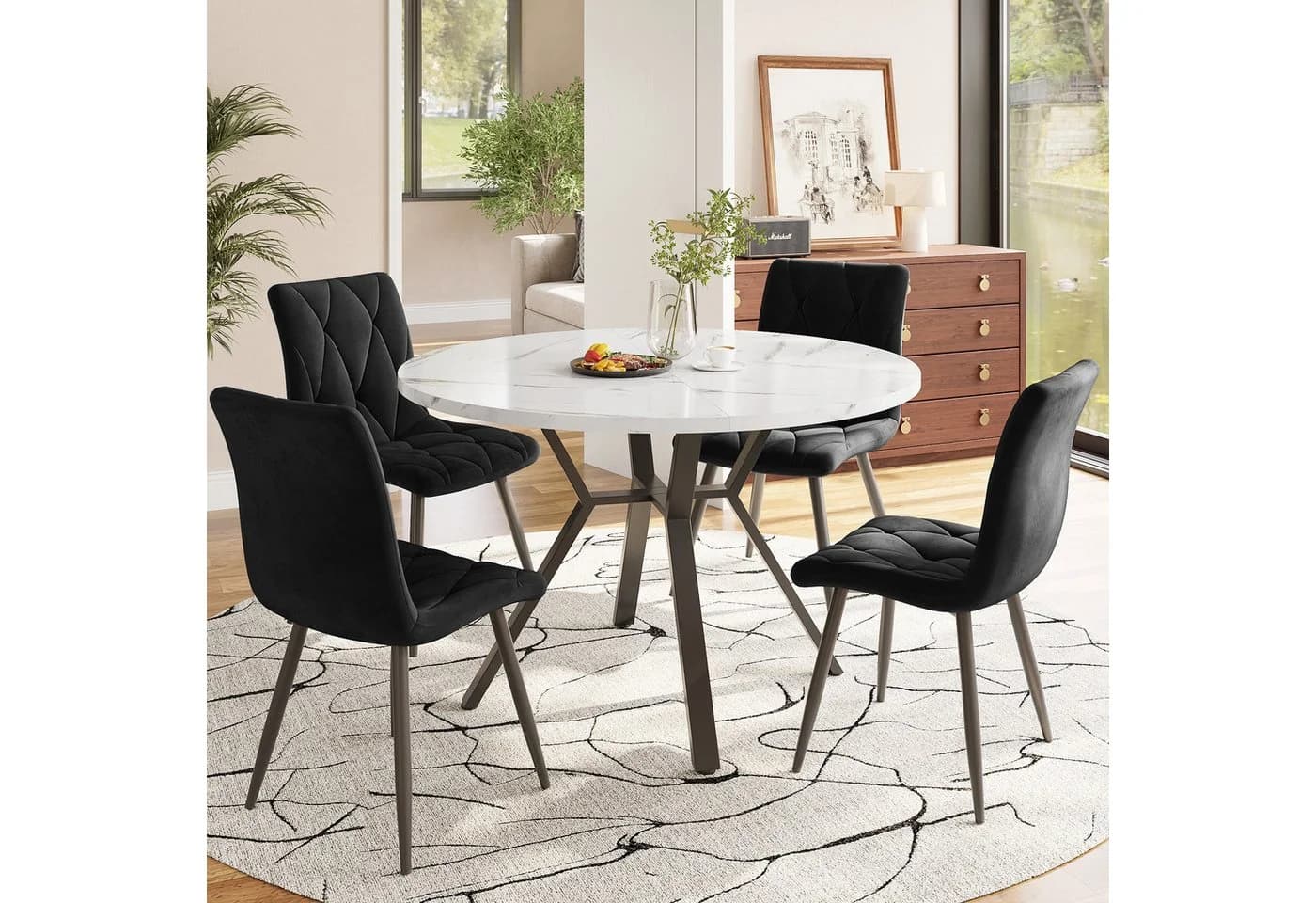 i@home Essgruppe rundes Esstisch aus Marmor mit 4 Samtstühle, grau/schwarz/grün
