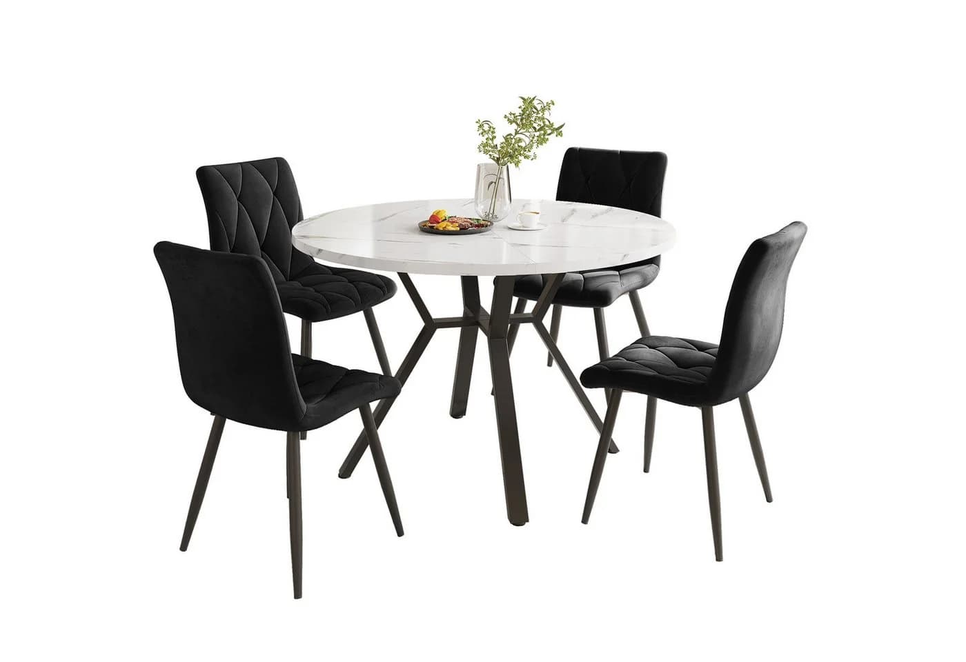 i@home Essgruppe rundes Esstisch aus Marmor mit 4 Samtstühle, grau/schwarz/grün - Bild 2