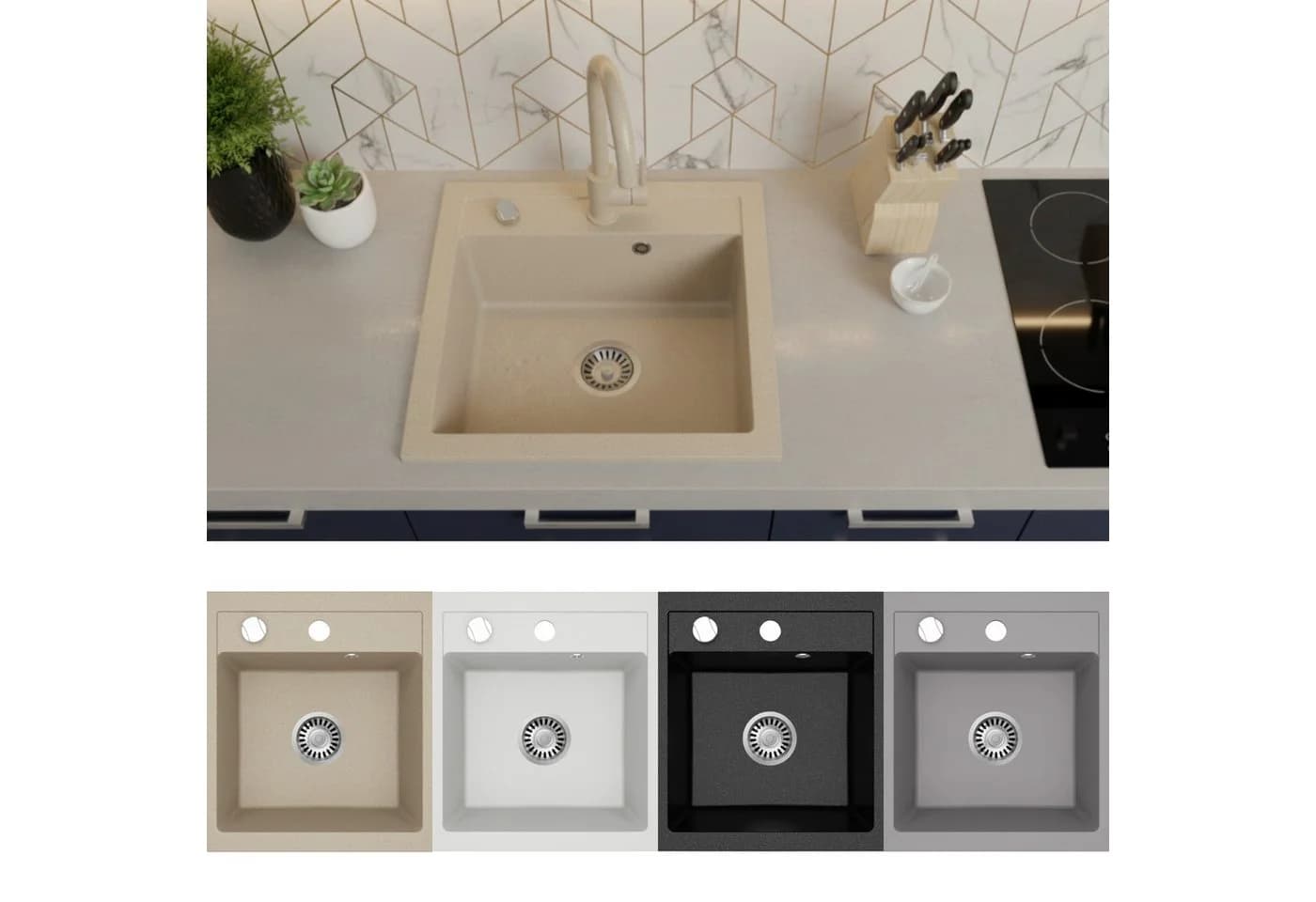 Faizee Möbel Granitspüle Eckig Beige mit Siphon - Bild 2