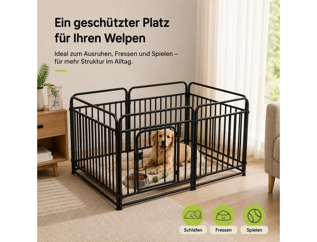 Tekoo Welpenlaufstall 6 Paneele Metall Schwarz