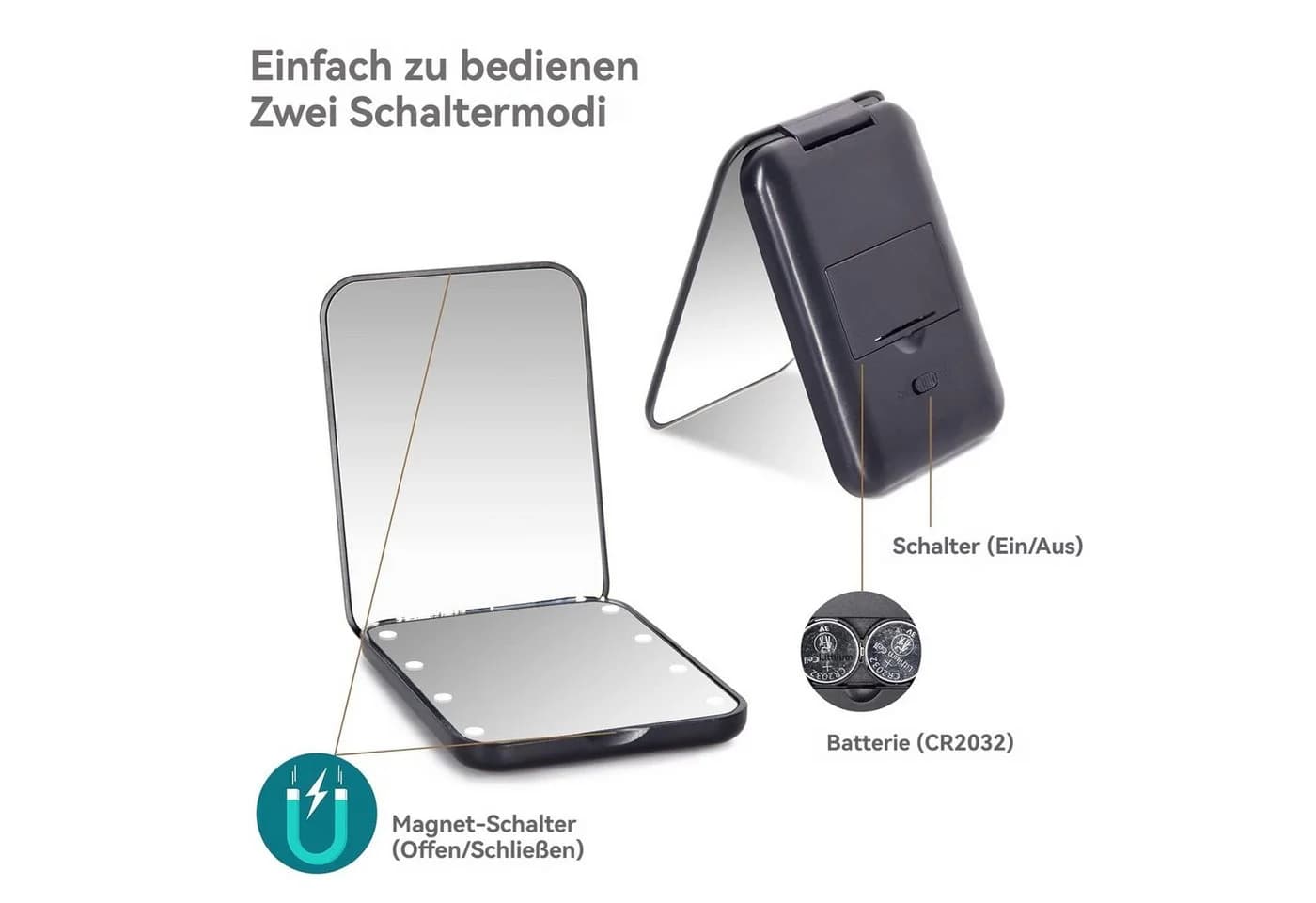 Tekoo LED Taschenspiegel Schwarz 2-fach Vergrößerung Kompakt - Bild 5