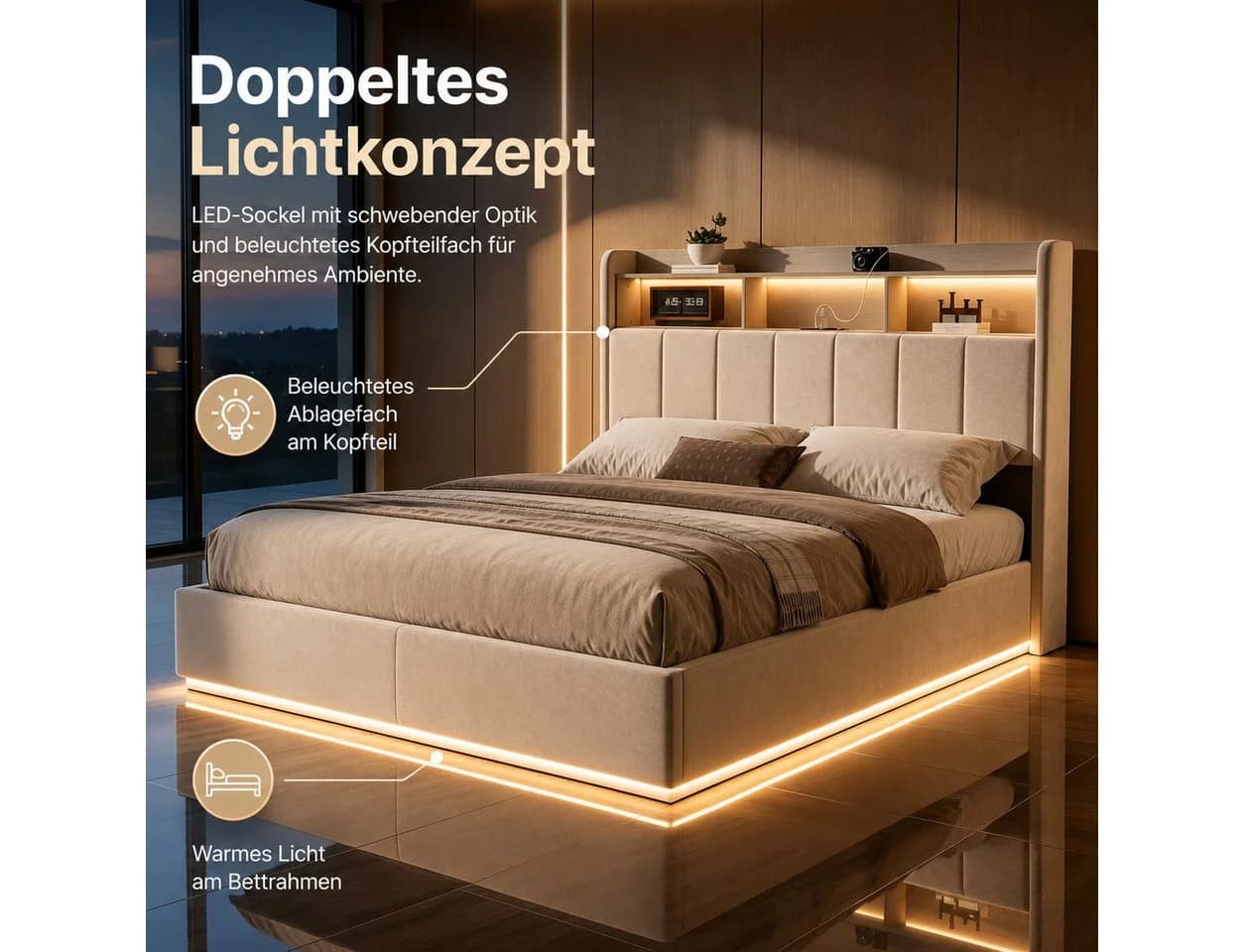 Simurq Polsterbett 140x200 Beige Samt mit LED & Stauraum