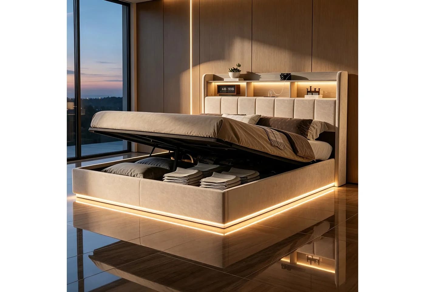 Simurq Polsterbett 140x200 Beige Samt mit LED & Stauraum - Bild 2