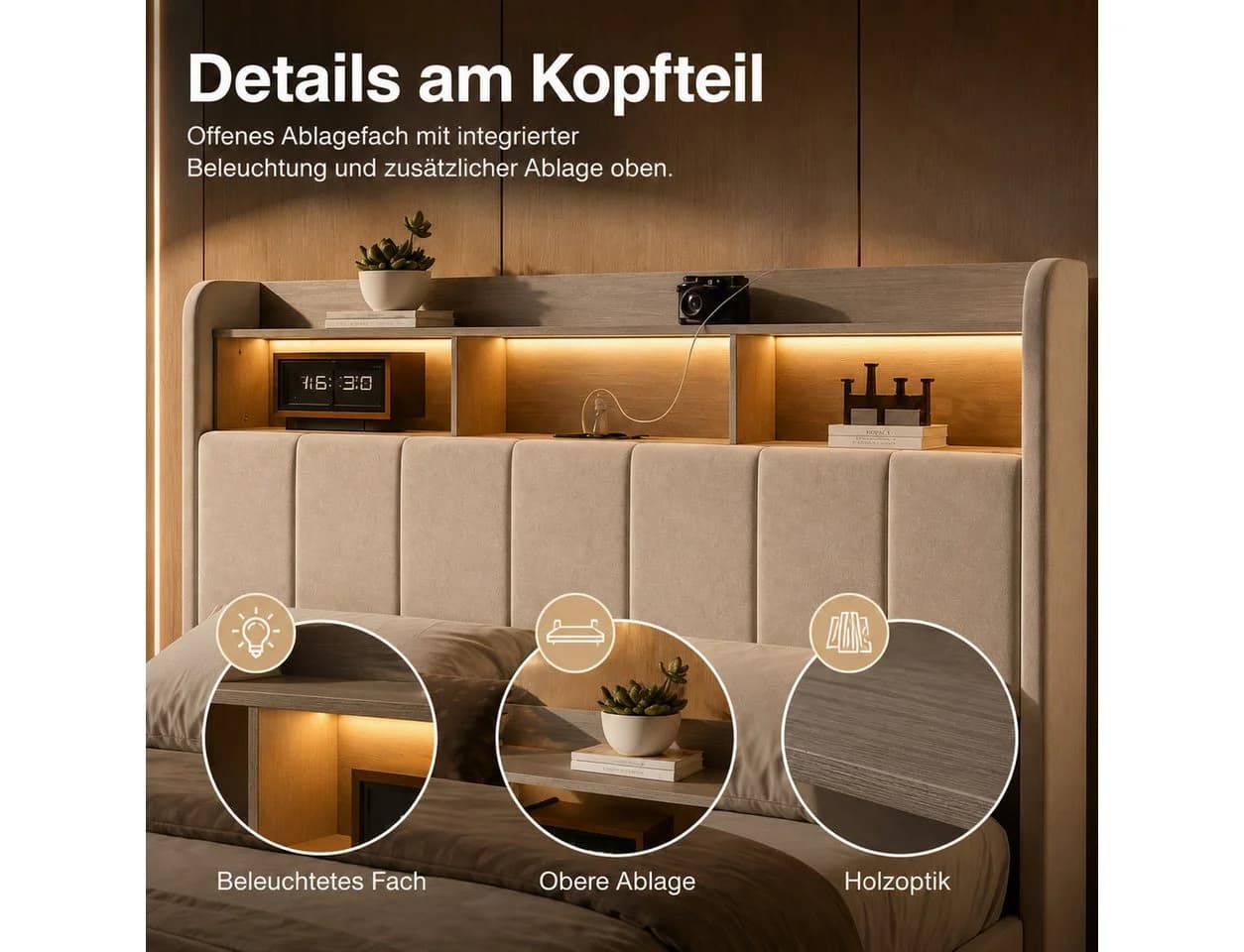 Simurq Polsterbett 140x200 Beige Samt mit LED & Stauraum - Bild 5