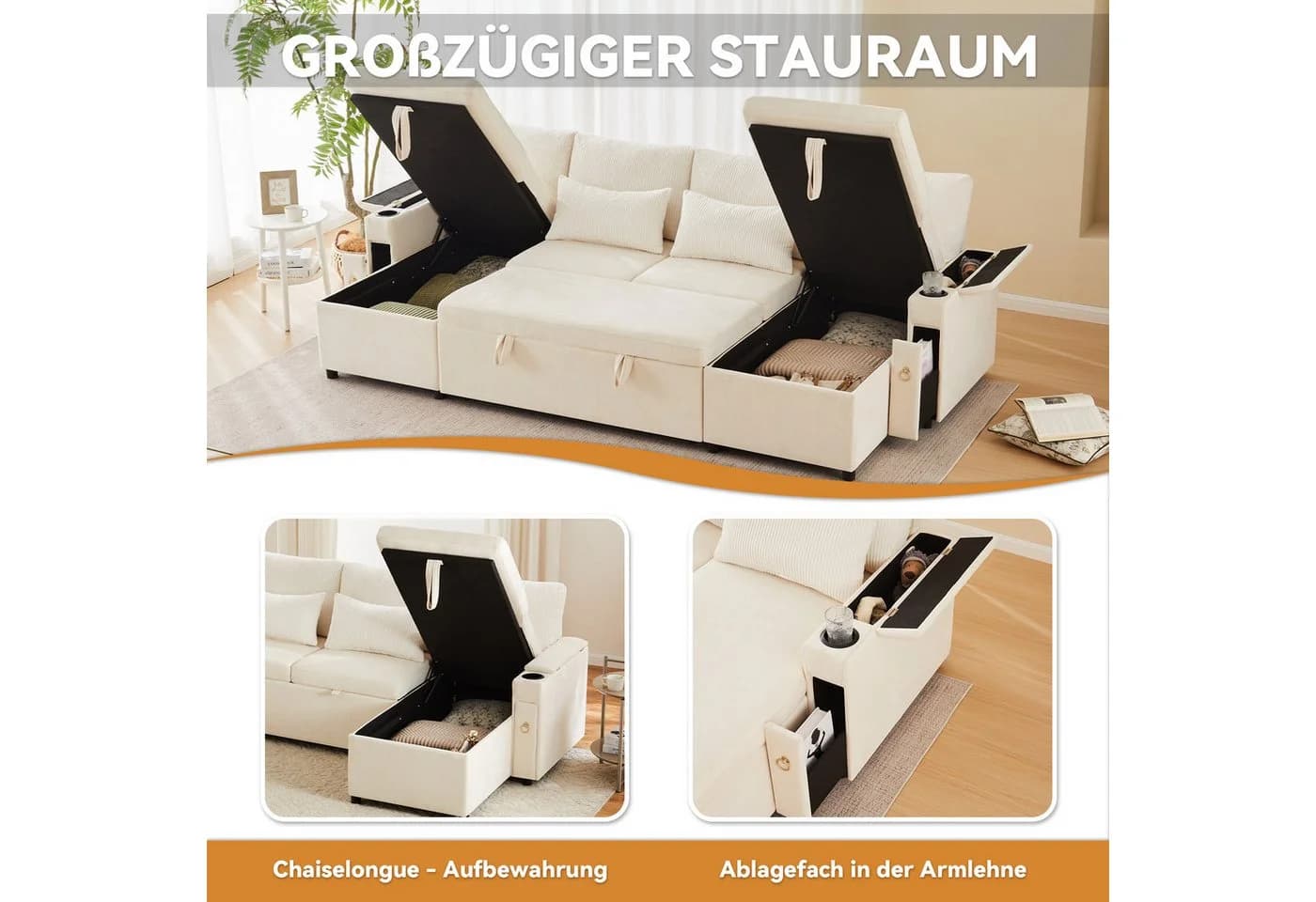 i@home Ecksofa U-Form Schlafsofa Beige/Grau mit Schlaffunktion
