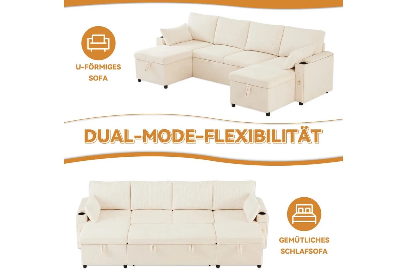 i@home Ecksofa U-Form Schlafsofa Beige/Grau mit Schlaffunktion - Bild 3