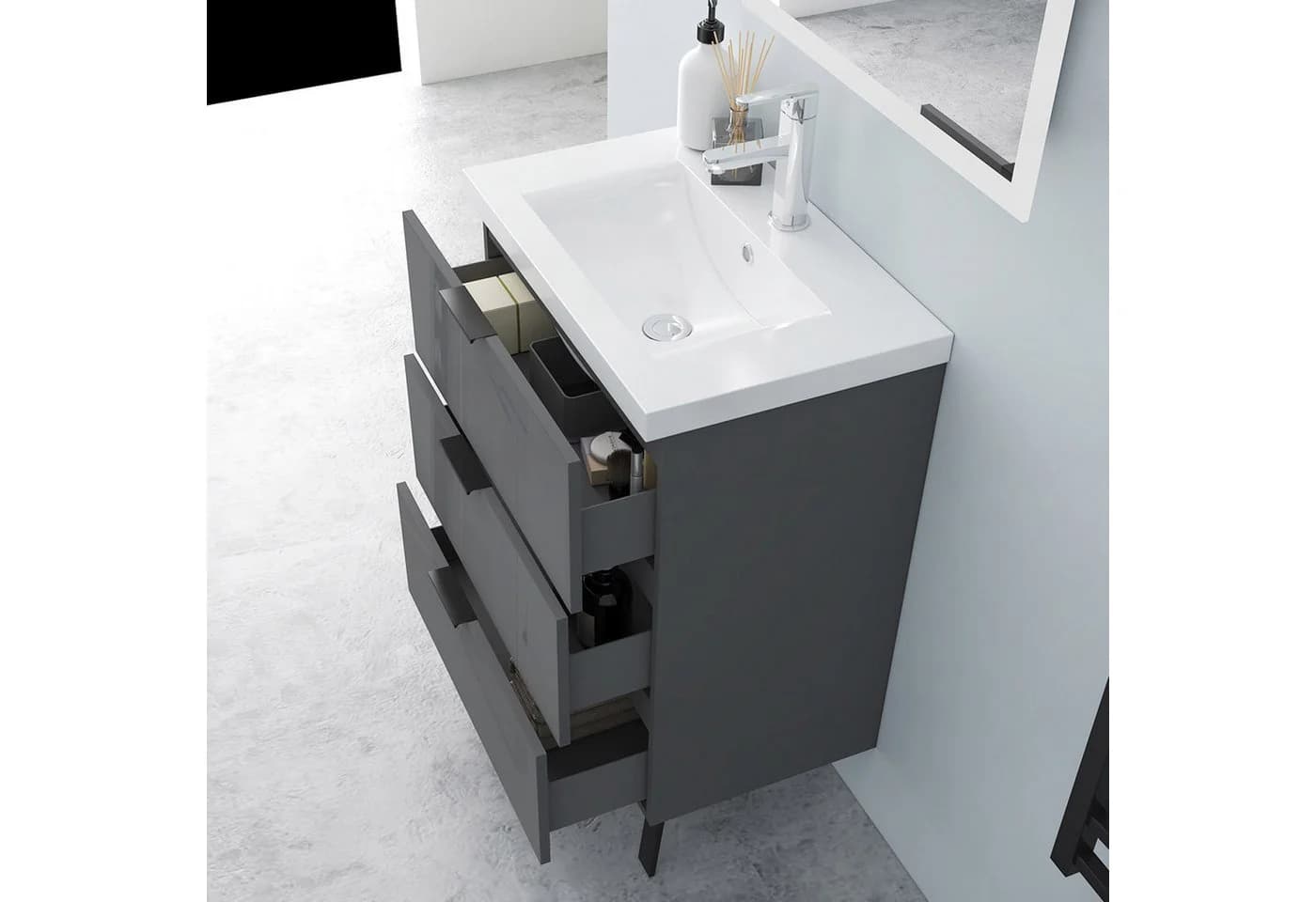 Aica Sanitär Waschtisch mit Unterschrank 3 Schubladen Soft-Close Grau