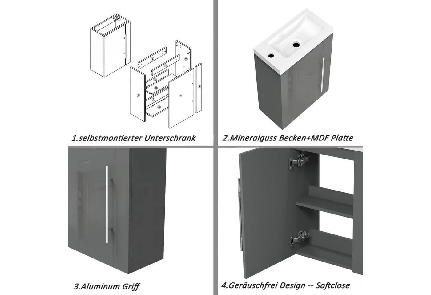 Aica Sanitär Waschtisch 45 cm mit Unterschrank Grau/Weiß - Bild 5