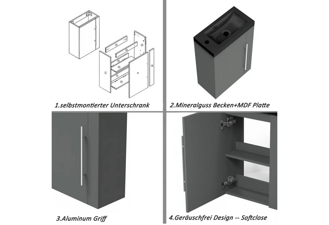 Aica Sanitär Waschtisch 45 cm mit Unterschrank Grau Mineralguss - Bild 5