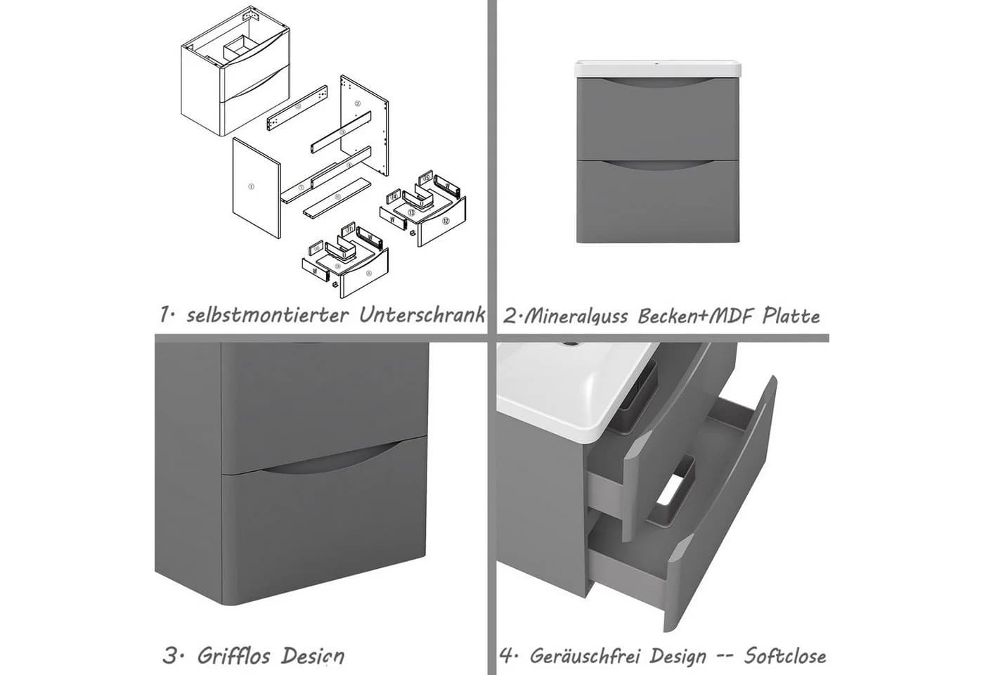 Aica Sanitär Waschtisch Unterschrank Waschbecken MDF Badmöbel Waschbeckenunterschrank Hochglanz Weiß - Bild 4