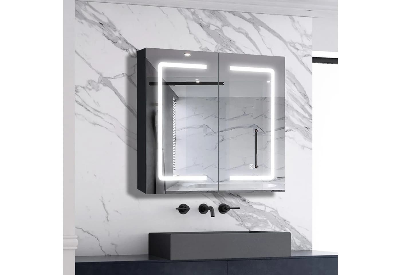 Aica LED Spiegelschrank mit Steckdose, Weiß Matt/Hochglanz Schwarz - Bild 2
