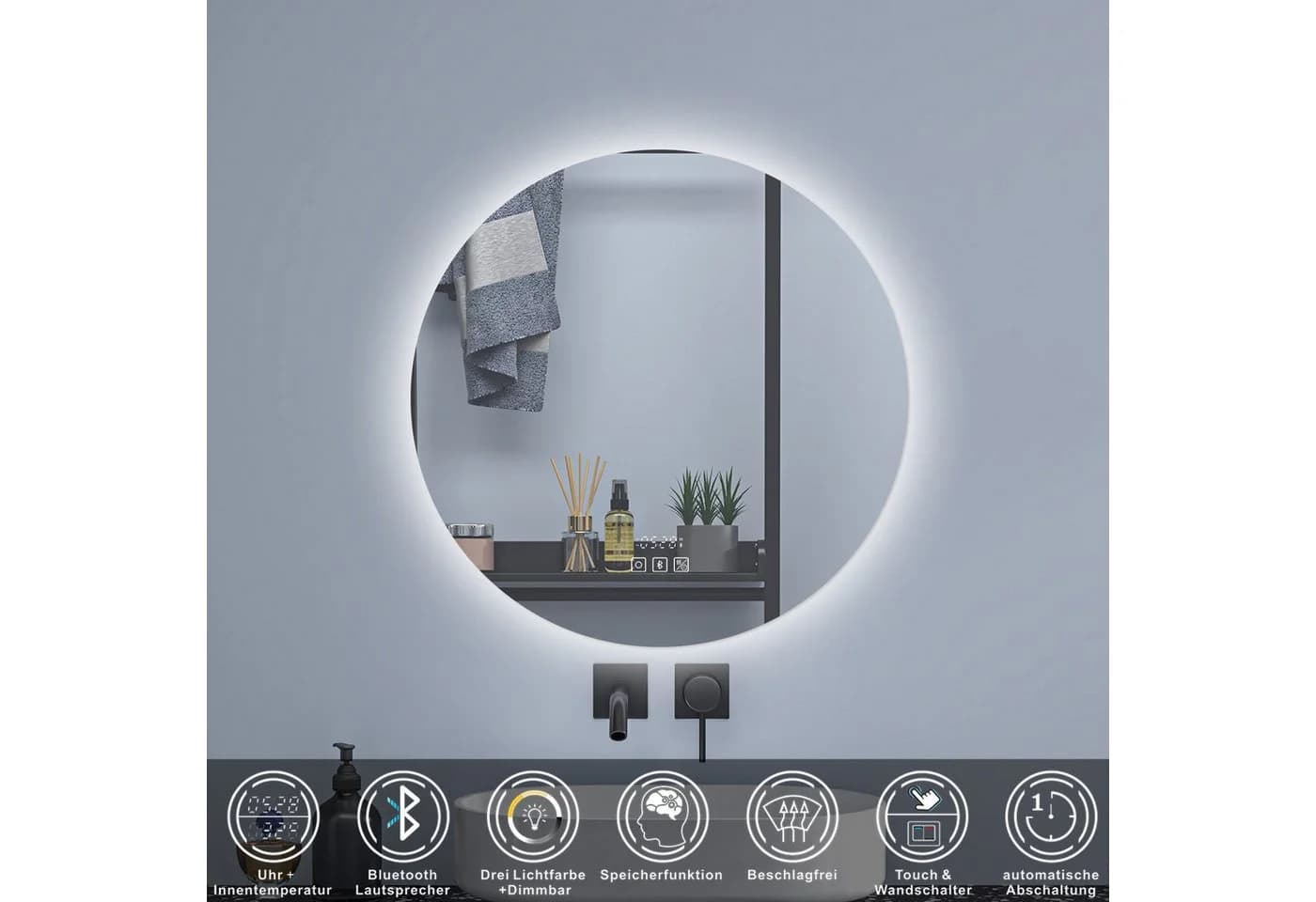 Aica Sanitär Badspiegel Rund mit LED-Beleuchtung, Antibeschlag & Bluetooth