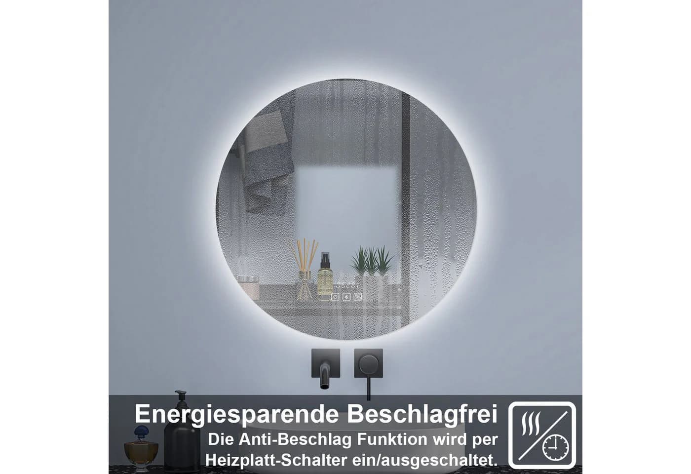 Aica Sanitär Badspiegel Rund mit LED-Beleuchtung, Antibeschlag & Bluetooth - Bild 3