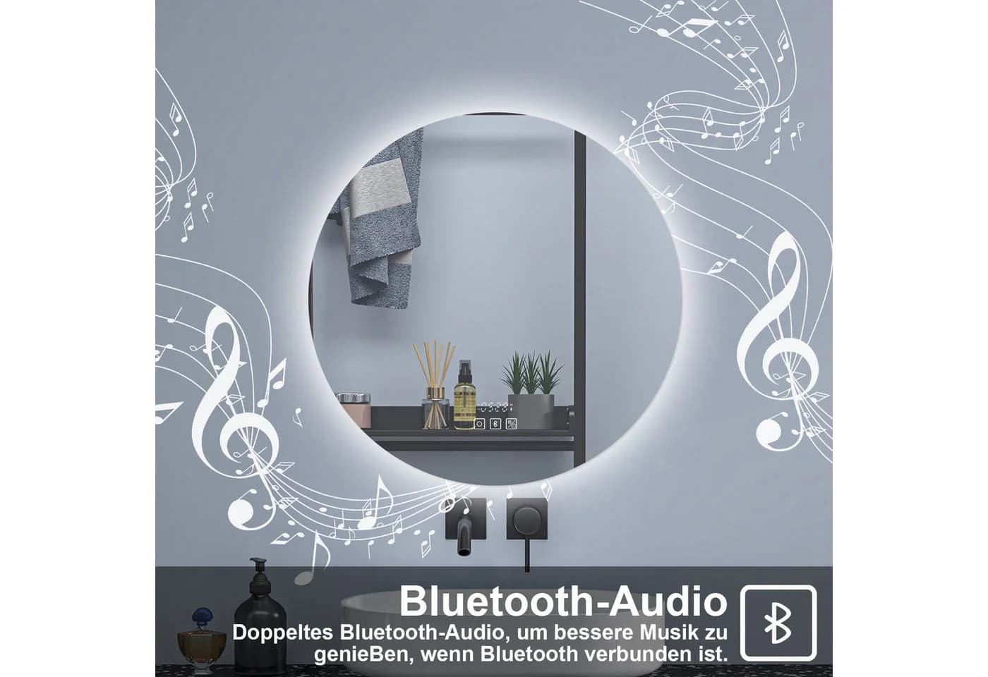 Aica Sanitär Badspiegel Rund mit LED-Beleuchtung, Antibeschlag & Bluetooth - Bild 4