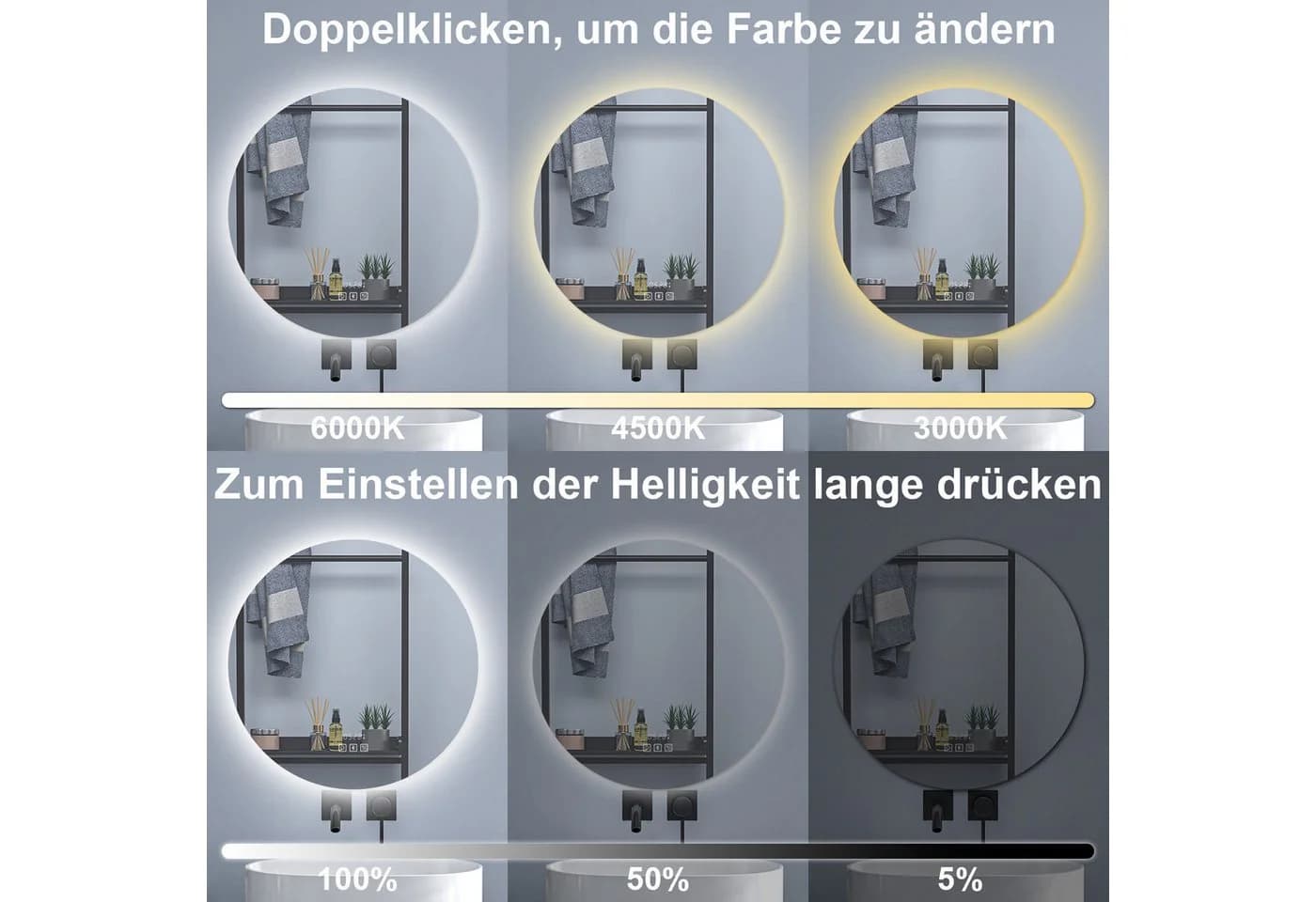 Aica Sanitär Badspiegel Rund mit LED-Beleuchtung, Antibeschlag & Bluetooth - Bild 5