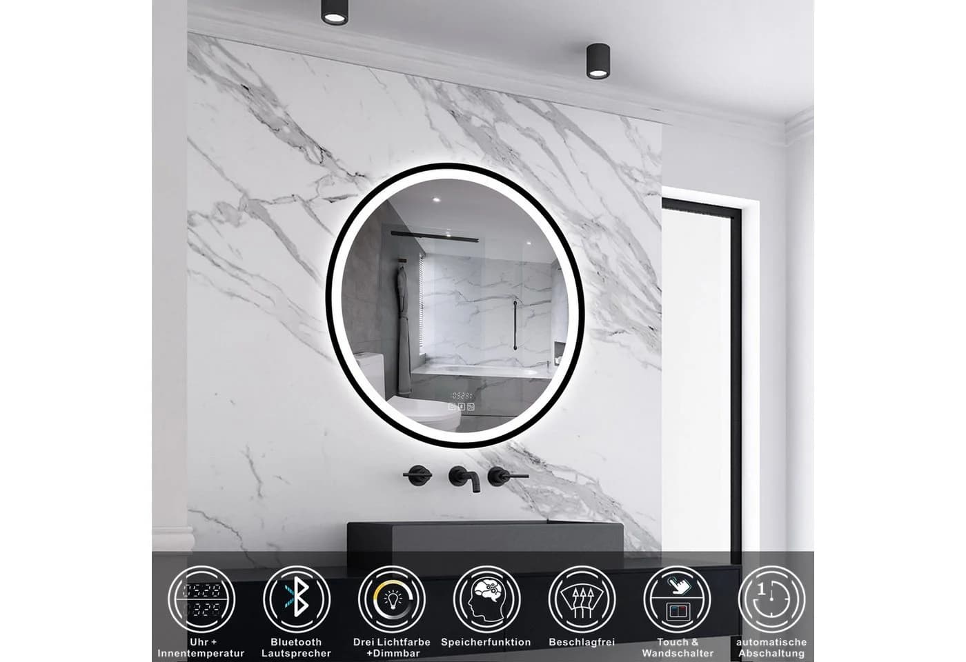 Aica Sanitär Badspiegel LED mit Bluetooth, Uhr & Anti-Beschlag