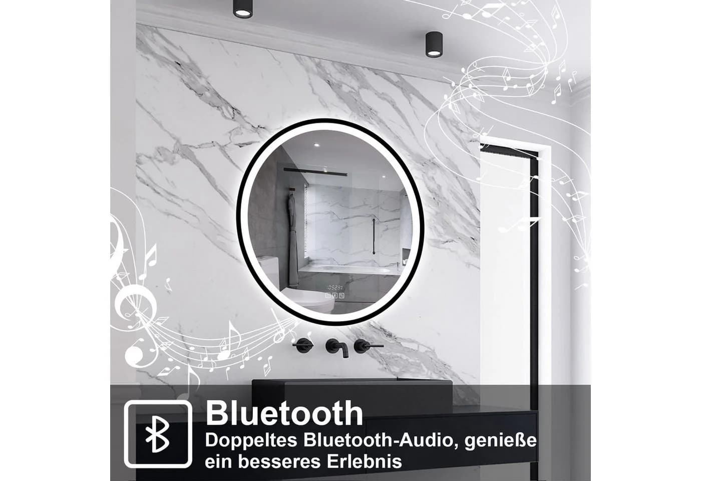 Aica Sanitär Badspiegel LED mit Bluetooth, Uhr & Anti-Beschlag - Bild 3