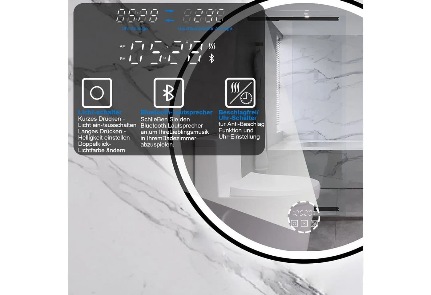 Aica Sanitär Badspiegel LED mit Bluetooth, Uhr & Anti-Beschlag - Bild 4