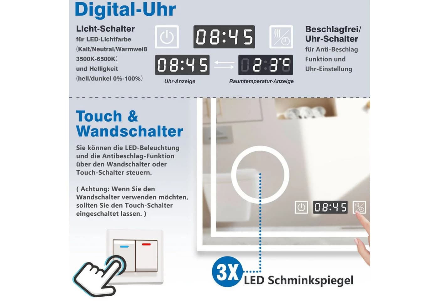 duschspa Badspiegel LED Beschlagfrei Uhr Schminkspiegel - Bild 4