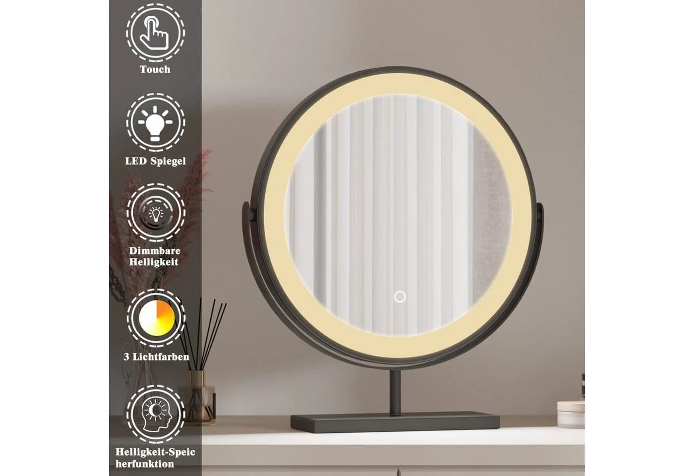 duschspa Kosmetikspiegel mit LED-Beleuchtung, Schwarz, 360° drehbar