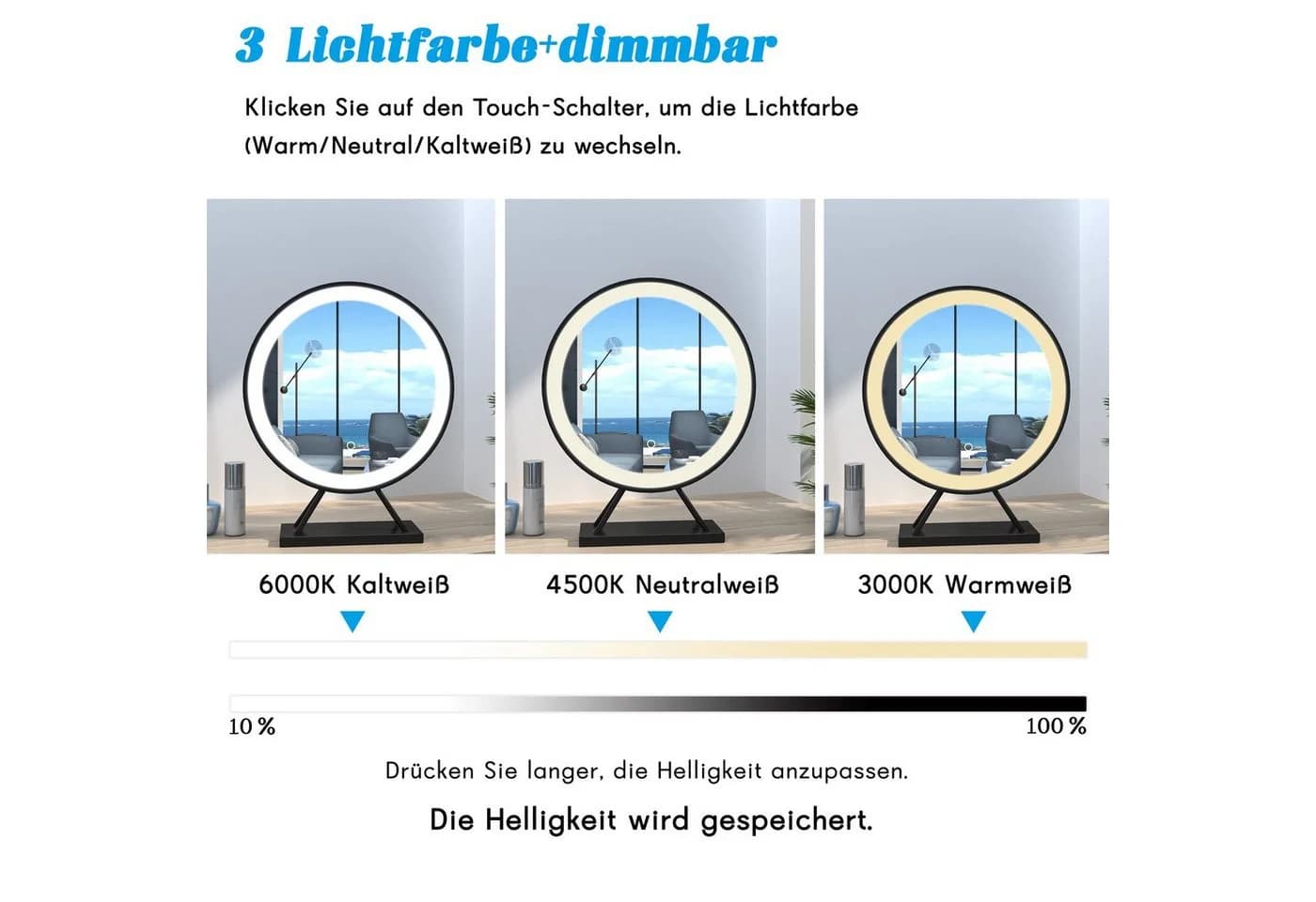 duschspa Kosmetikspiegel mit LED-Beleuchtung, Schwarz, 360° drehbar - Bild 4