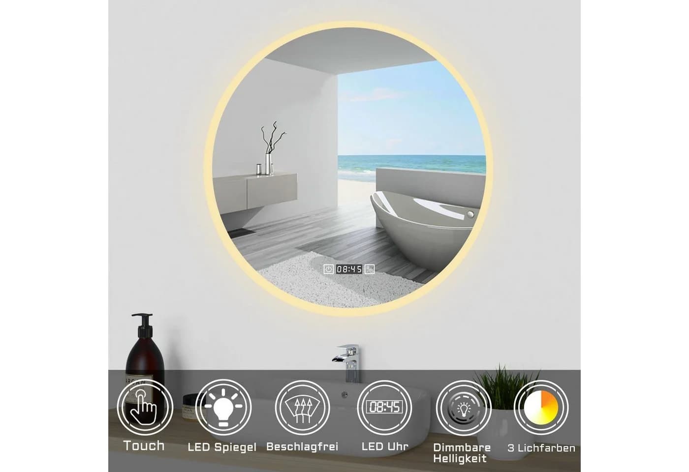 duschspa Badspiegel Rund LED dimmbar mit Uhr Touch