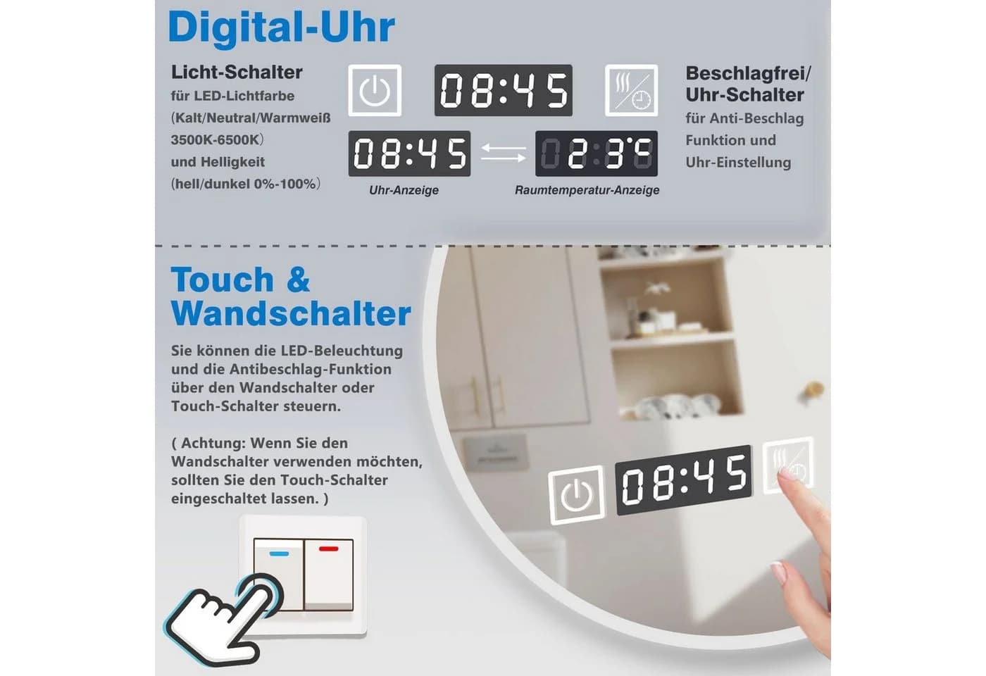 duschspa Badspiegel Rund LED dimmbar mit Uhr Touch - Bild 4