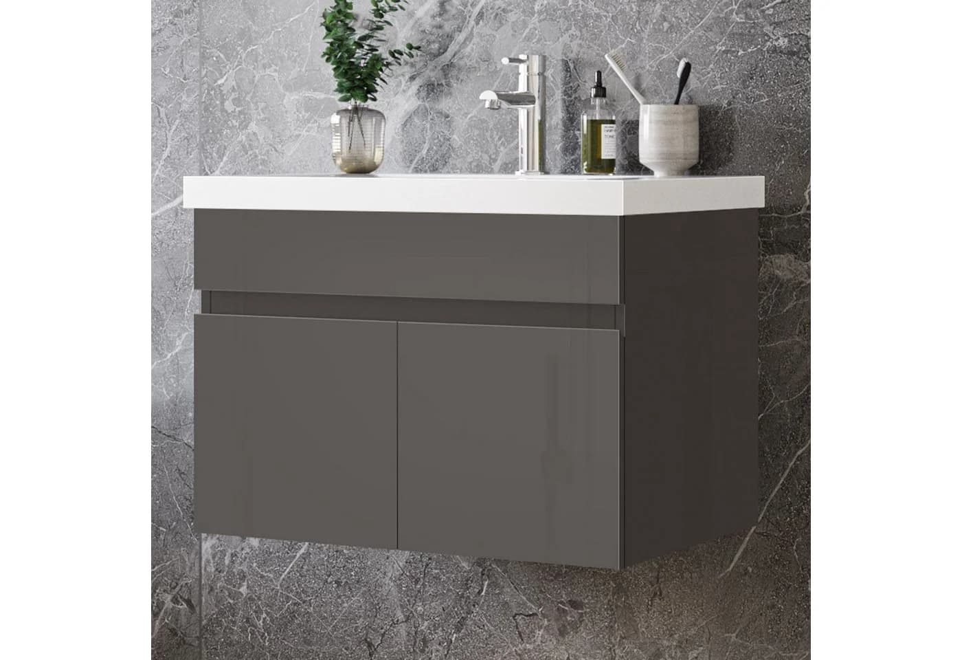 duschspa Waschtischunterschrank mit Waschbecken Hochglanz Grau Softclose - Bild 2