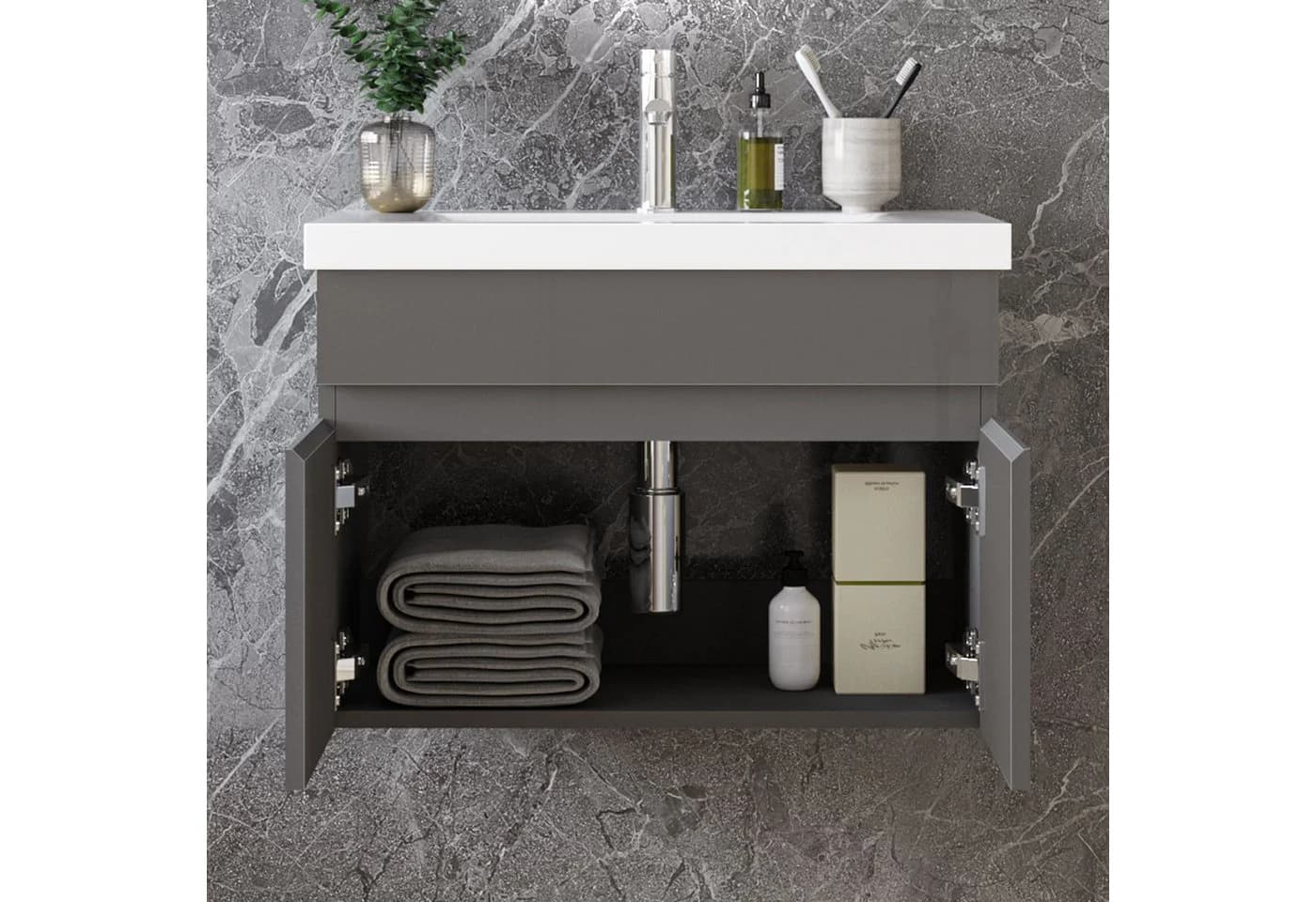 duschspa Waschtischunterschrank mit Waschbecken Hochglanz Grau Softclose - Bild 3