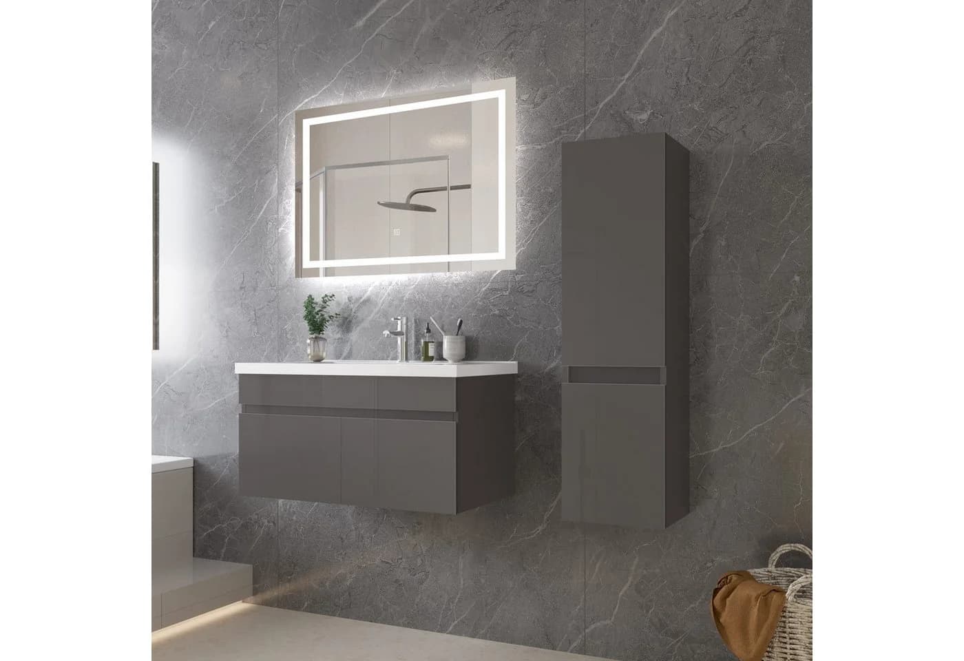 duschspa Waschtischunterschrank mit Waschbecken Hochglanz Grau Softclose - Bild 4