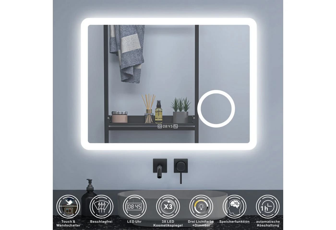 Aica Sanitär Badspiegel mit LED, Dimmbar, Antibeschlag, Uhr & 3x Lupe