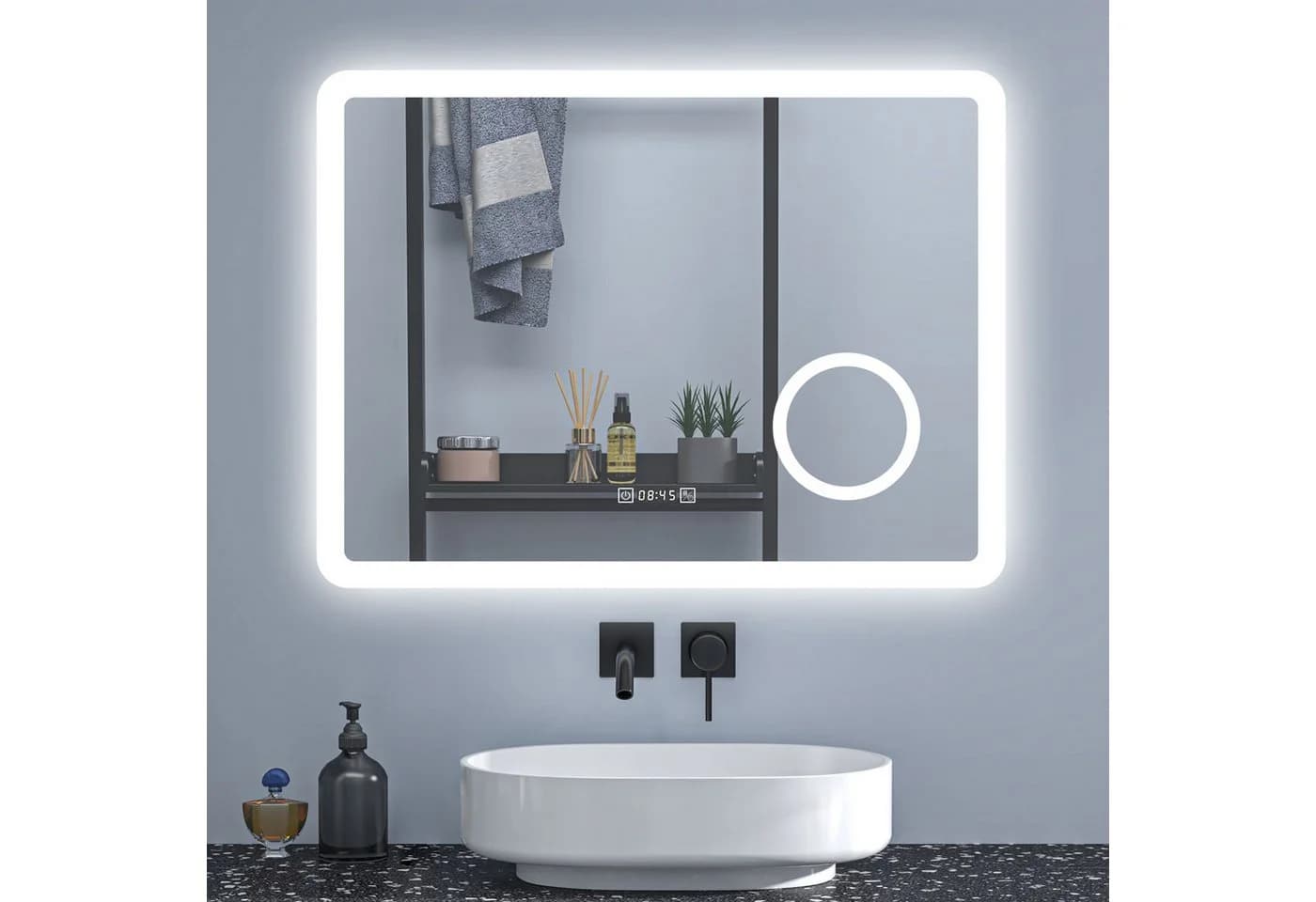 Aica Sanitär Badspiegel mit LED, Dimmbar, Antibeschlag, Uhr & 3x Lupe - Bild 2