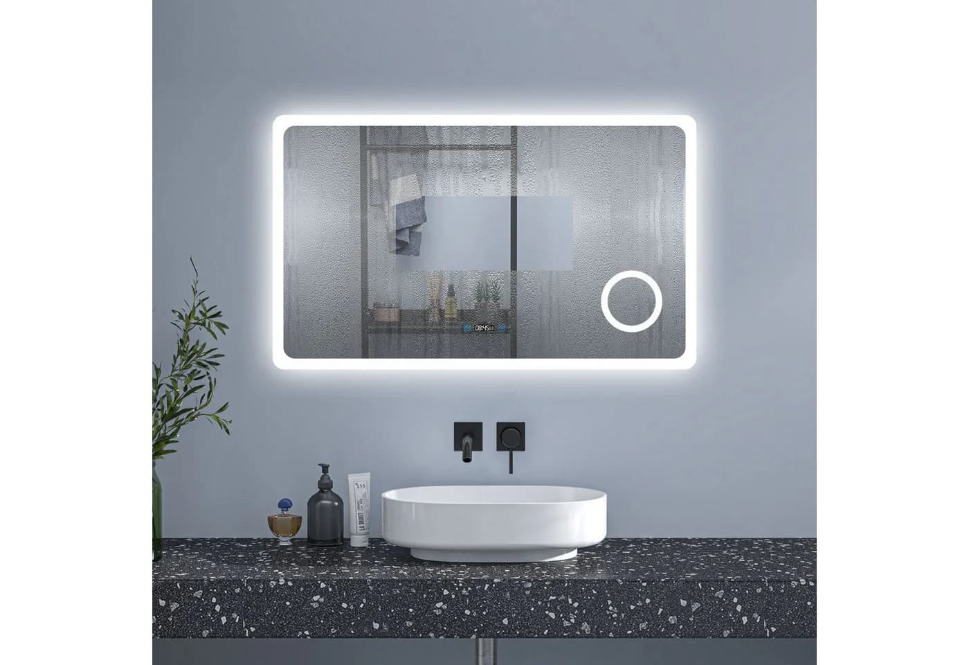 Aica Sanitär Badspiegel mit LED, Dimmbar, Antibeschlag, Uhr & 3x Lupe - Bild 4