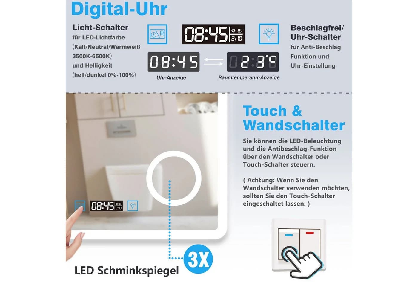 Aica Sanitär Badspiegel mit LED, Dimmbar, Antibeschlag, Uhr & 3x Lupe - Bild 5