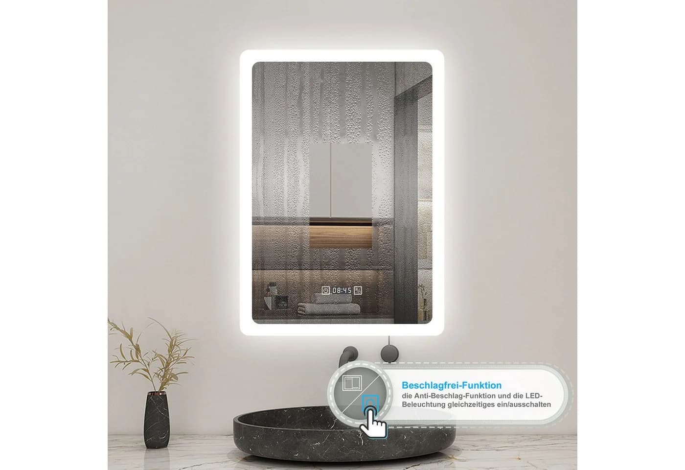Aica Sanitär LED Badspiegel mit Uhr, dimmbar, antibeschlag, Touch