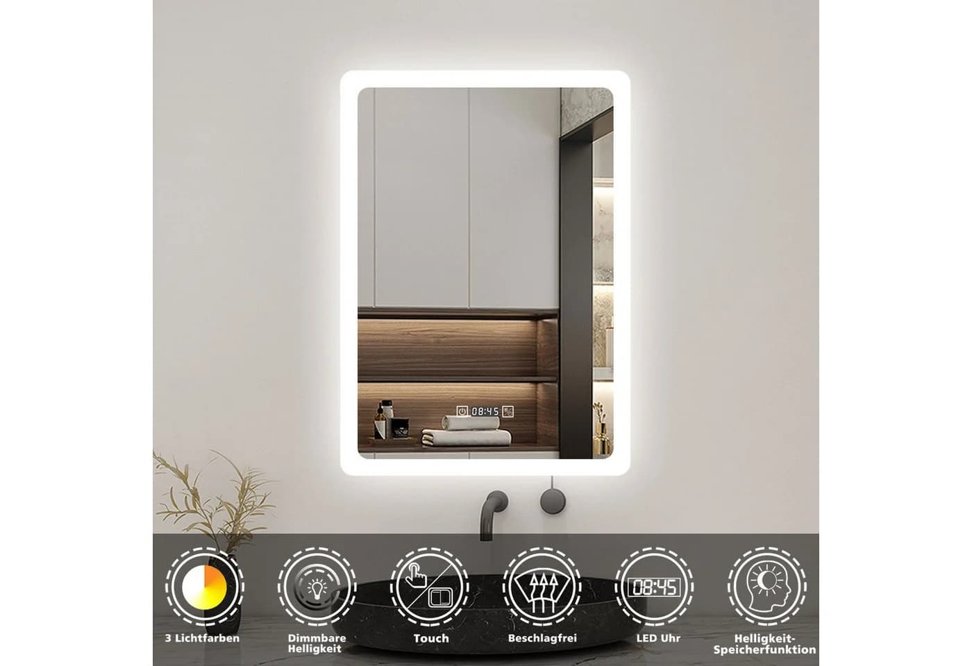 Aica Sanitär LED Badspiegel mit Uhr, dimmbar, antibeschlag, Touch - Bild 3